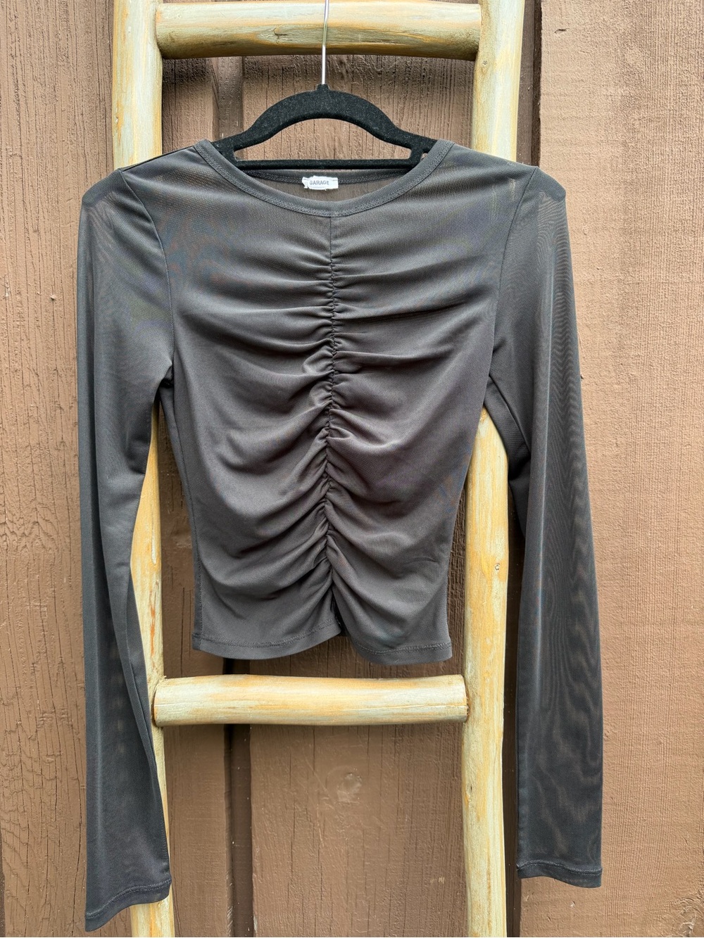 Garage Y2K Ruched Front Mesh Long-Sleeve Crop Top XS Black